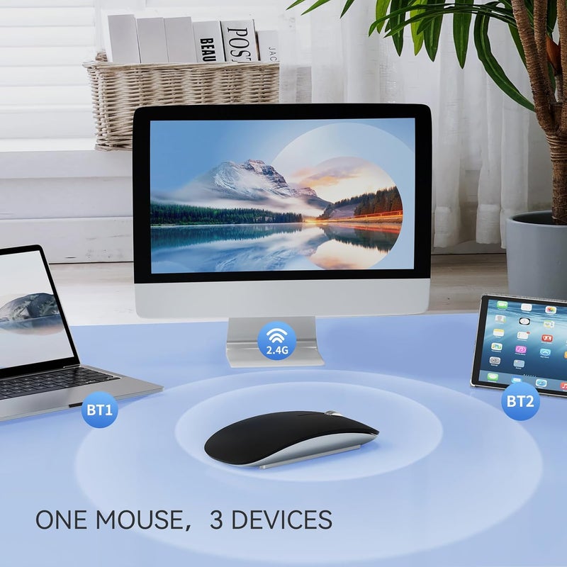 TENMOS M18 Bluetooth Mouse, USB C Rechargeable Wireless Mouse, Triple Mode (Dual Bluetooth+USB) Computer Silent Mice Portable with USB Receiver Type C Adapter for Laptop/MacBook/iPad/PC - Matte Black - Image 3